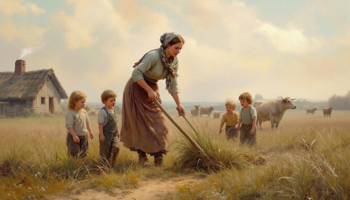 В иллюстративных целях. Мать, работающую в поле с детьми, так нарисовала мне нейросеть.