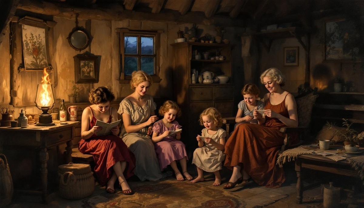 В иллюстративных целях. Примерно так могли выглядеть вечерние посиделки дома с детьми и соседками.