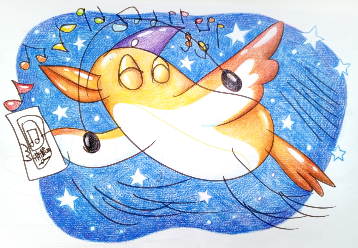 Наушники на крыльях потому, что думает, что птица слушает крыльями, как кузнечик ножками.