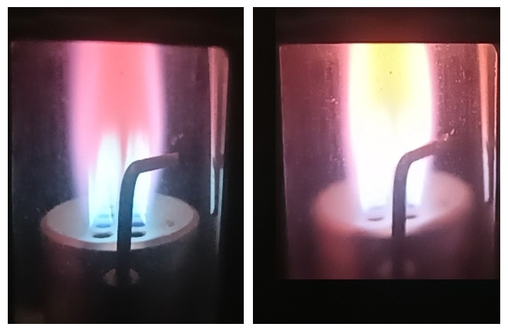 Изменение цвета пламени. Слева кальций, справа натрий.