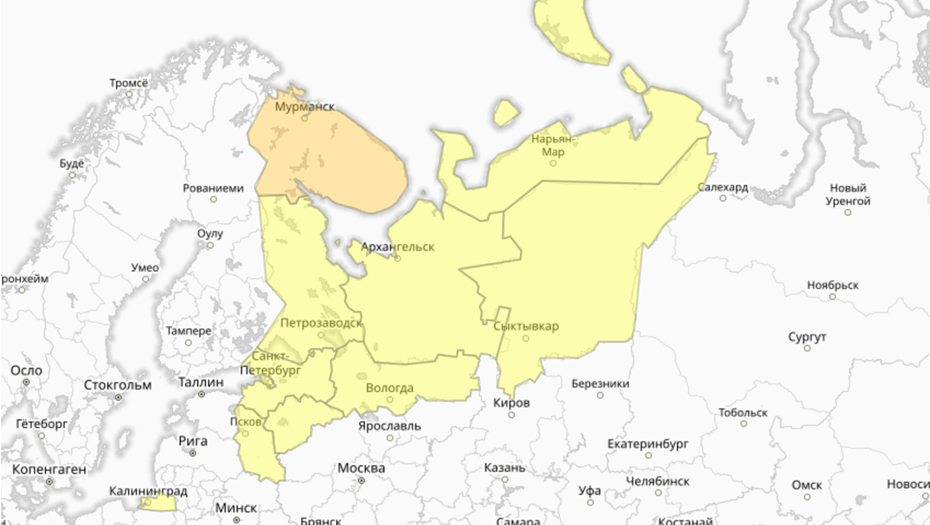    Прогностическая карта предупреждений для СЗФО Автор фото: meteoinfo.ru