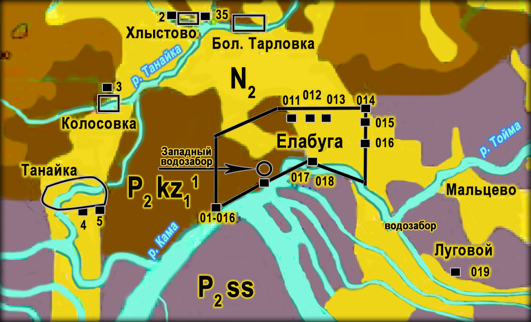                        Рис. 1. Гидрогеологическая карта Елабужского м.р. РТ и скважины 011-019.
