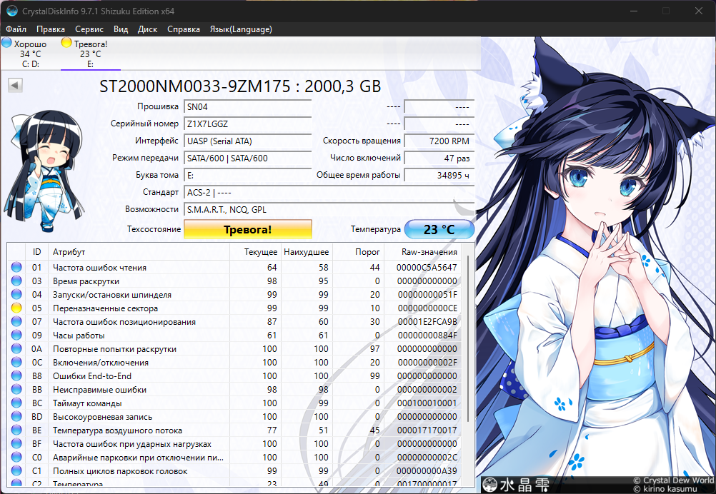 А так выглядит SMART диска у которого слишком много переназначенных секторов (грубо говоря, диск будет медленнее работать и высокая вероятность возникновений ошибок во время использования)