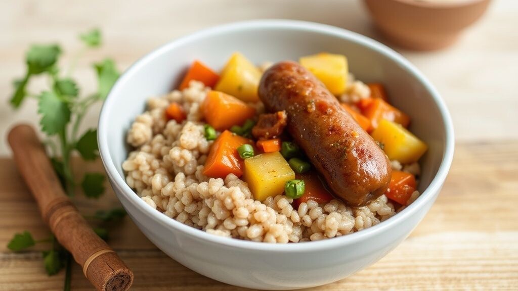 Гречка с тушёными овощами и колбасой