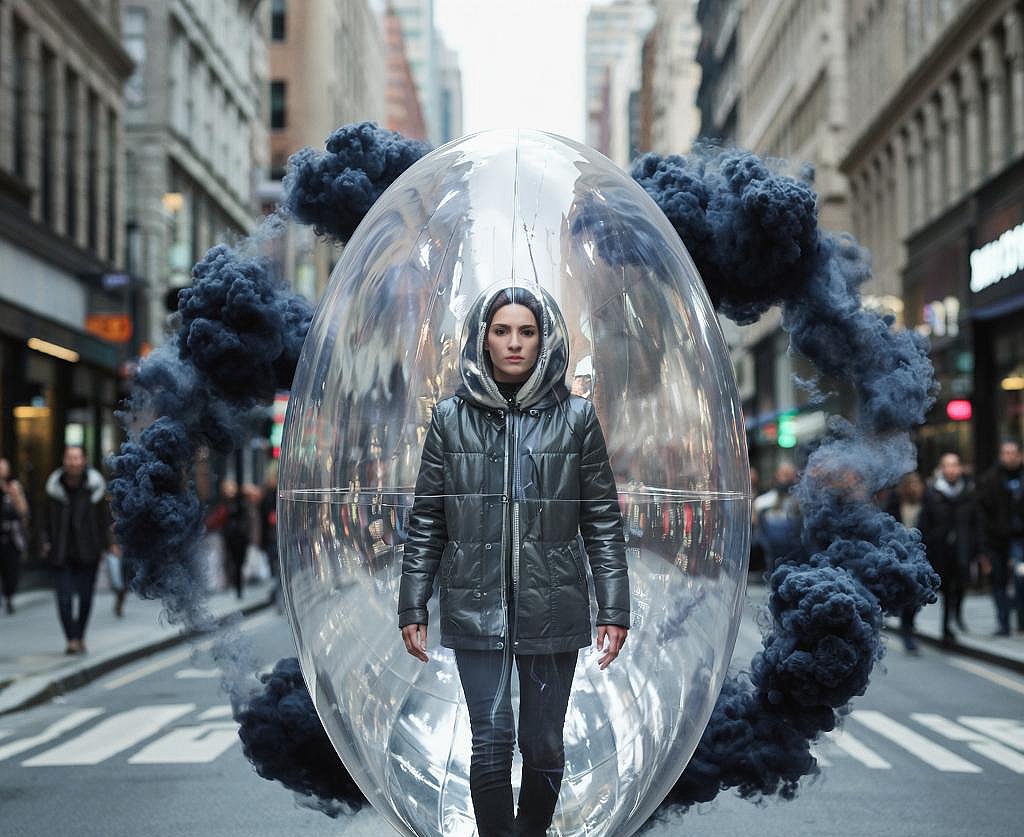 Девушка идёт в защитном коконе от негатива.