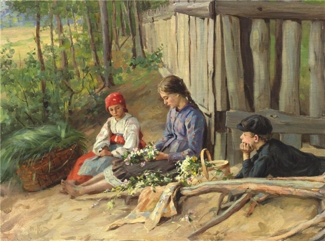 Михаил Игнатьев. Дети, плетущие венок. 1916. Холст на картоне, масло. 32 х 41,5. Частное собрание