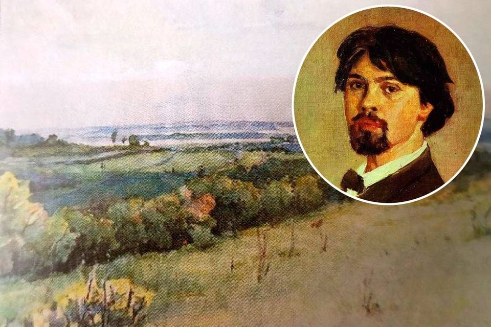    Акварель Василия Сурикова "Самара", вид на Волгу от Винного оврага, 1880 год, и автопортрет. Фото: предоставлено Самарским областным художественным музеем.