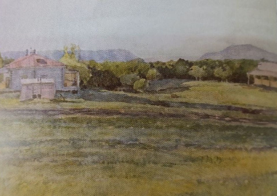    Акварель Василия Сурикова "Дачи под Самарой", вид с плато за Винным оврагом на усадьбу кумысолечебницы Нестора Постникова и Жигулевские ворота, 1880 год. Фото предоставлено Самарским областным художественным музеем.