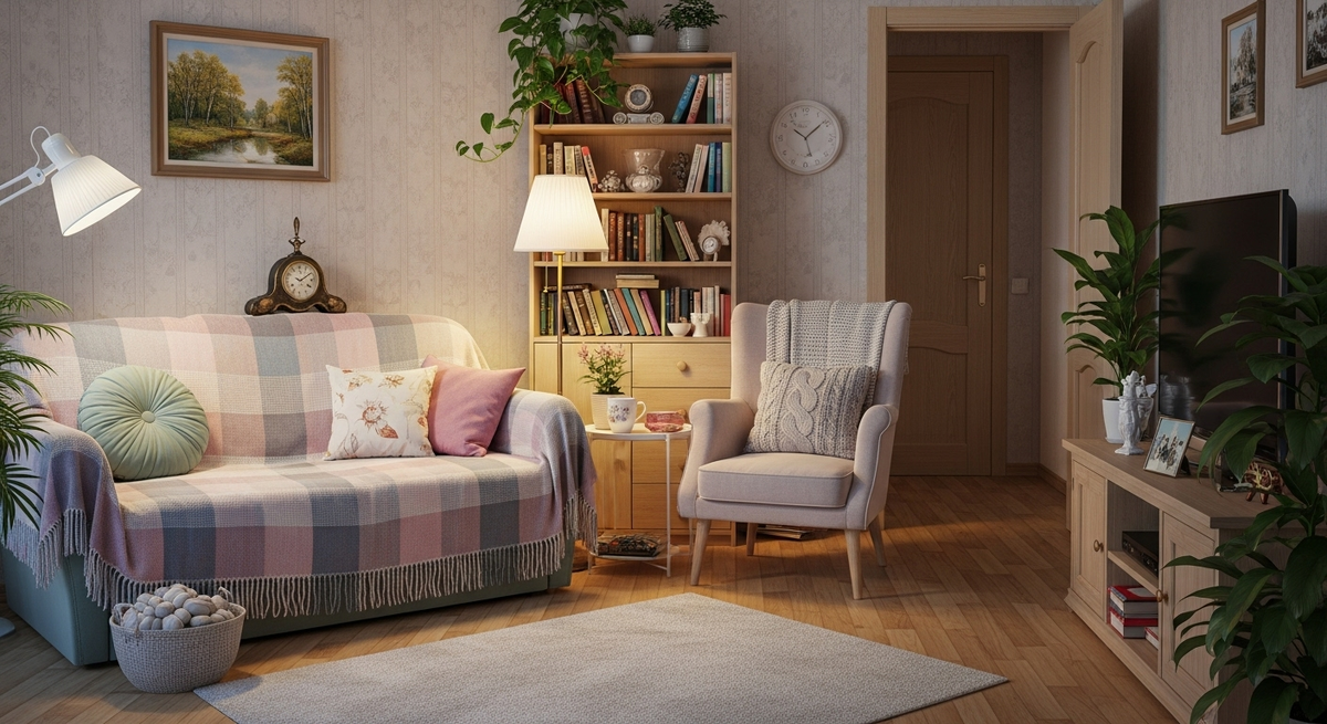 Английский уют в обычной квартире: мягкий свет, книги, плед и детали для душевного вечера в своем уголке.

