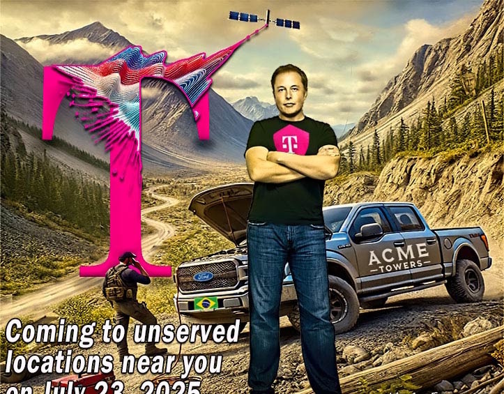 Коллаж к запуску услуги T-Satellite direct-to-cell (DTC) от T-Mobile USA, помещенный в американском специализированном Интернет-издании WirelessEstimator, посвященном проектированию, разработке, строительству и обслуживанию вышек сотовой связи и сетей. На коллаже, в частности, изображен Илон Маск, владелец сервиса спутникового Интернета Starlink и компании SpaceX; а также лого мобильного оператора T-Mobile USA; спутник, парящий в облаках; а еще рейнджер, говорящий по смартфону в дикой местности; и кроме того - автомобиль (почему-то с бразильским флагом вместо номера), обслуживающий сервис мобильной связи, нацеленной на спутник.