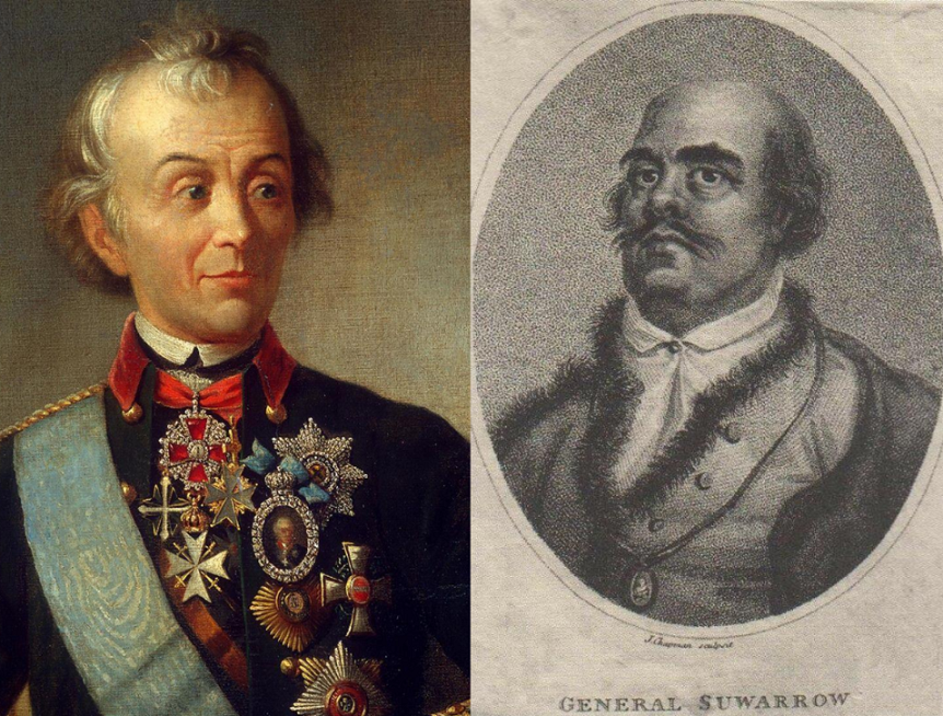 Слева портрет реального Суворова, справа - образ фельдмаршала, который создавался на Западе. 