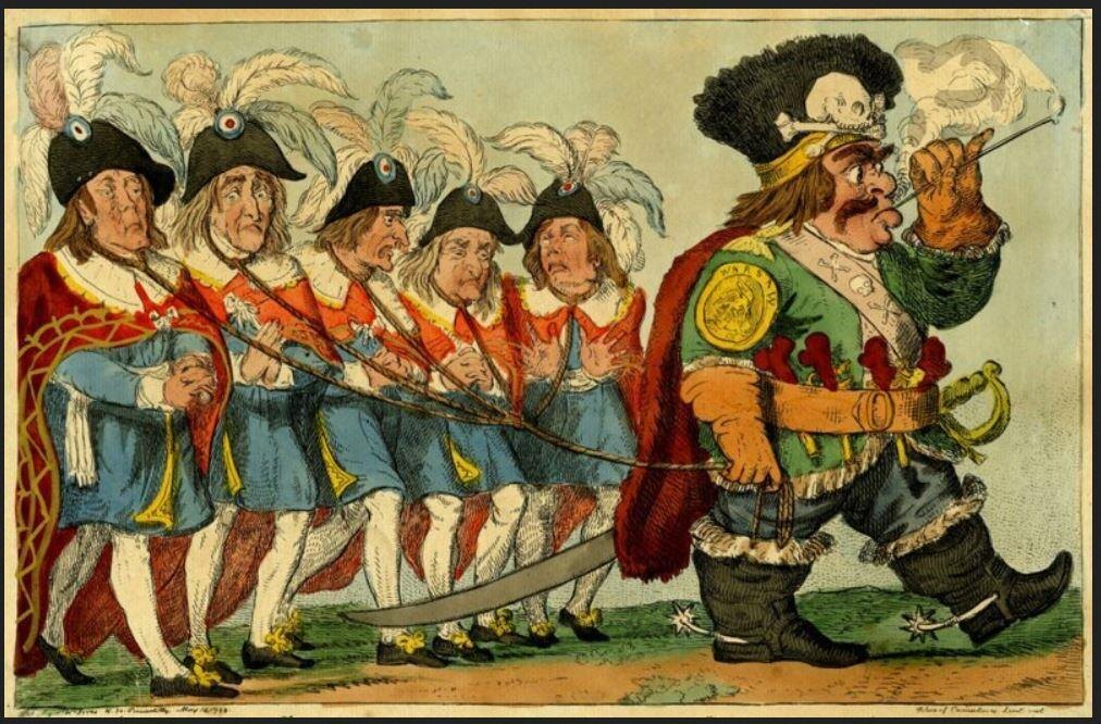 Впереди идёт Суворов, он конвоирует пленных французских генералов. Европейские газеты того времени писали о том, что Суворов этих пленных съел. 