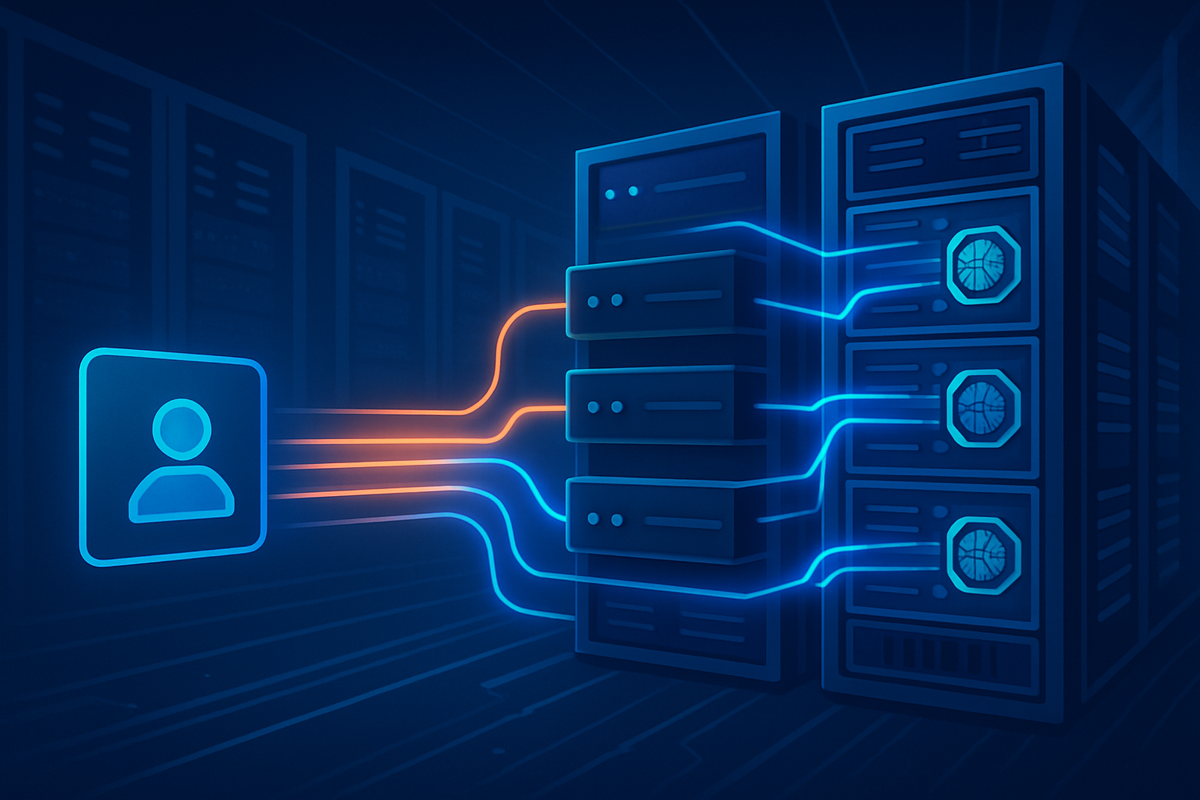 Неоновые линии данных устремляются от пользовательского устройства к ряду GPU-серверов в футуристическом дата-центре, визуализируя путь и скоростьInference-запросов vLLM.
