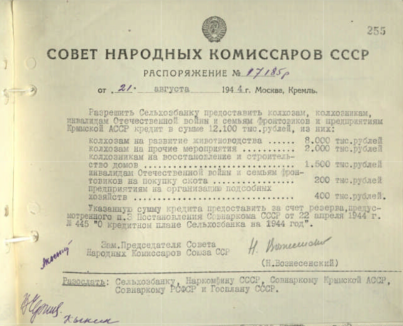 Распоряжение СНК СССР о разрешении Сельхозбанку предоставить кредит колхозам, колхозникам, инвалидам Отечественной войны, семьям фронтовиков и предприятиям Крымской АССР