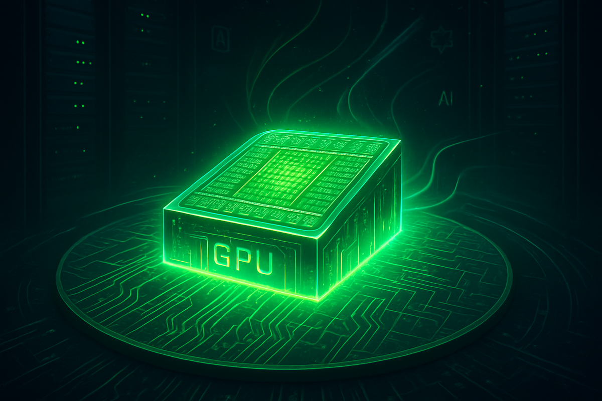 Огромный, изумрудно-светящийся кристалл GPU «Blackwell» на кремниевой подложке испускает потоки энергии среди серверных стоек, подчёркивая рекордные размеры и мощь новой архитектуры Nvidia.