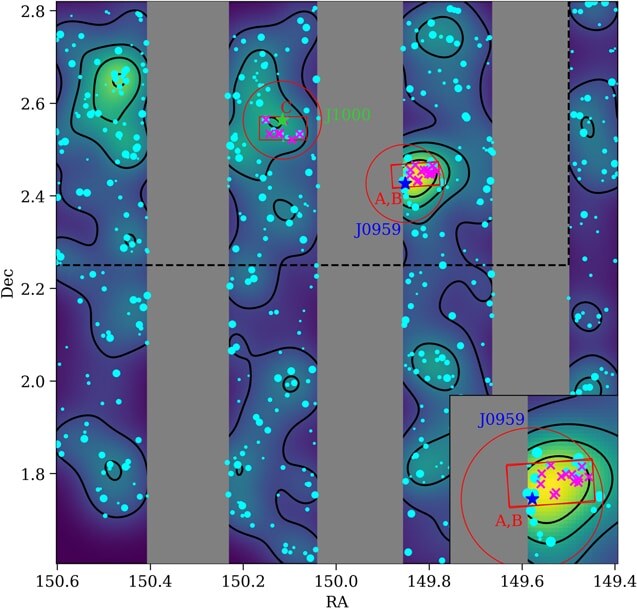 Скопление MAGAZ3NE J0959 обведено красным и подписано; ©McConachie I., et al., Astrophysical Journal, 2022