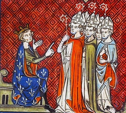 Филипп II беседует со священниками. Средневековая французская миниатюра