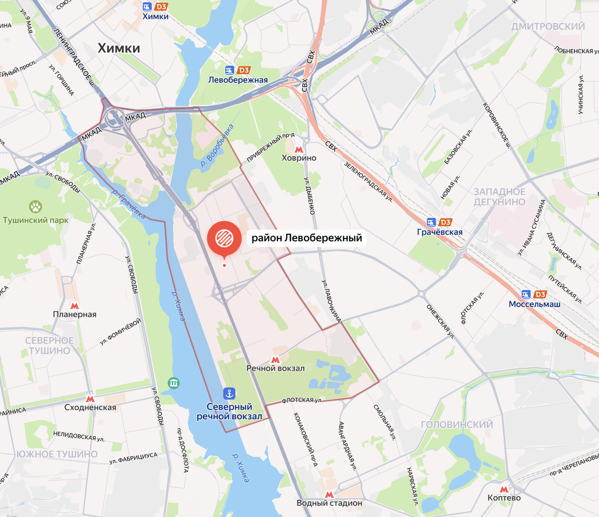Границы Левобережного района на современной карте Москвы. Яндекс.Карты.
