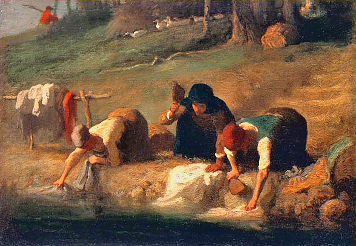 На картине Жана-Франсуа Милле «Прачки» (1852 г.) как раз можно увидеть и вальки-колотушки, и рабочие позы, и общее настроение.