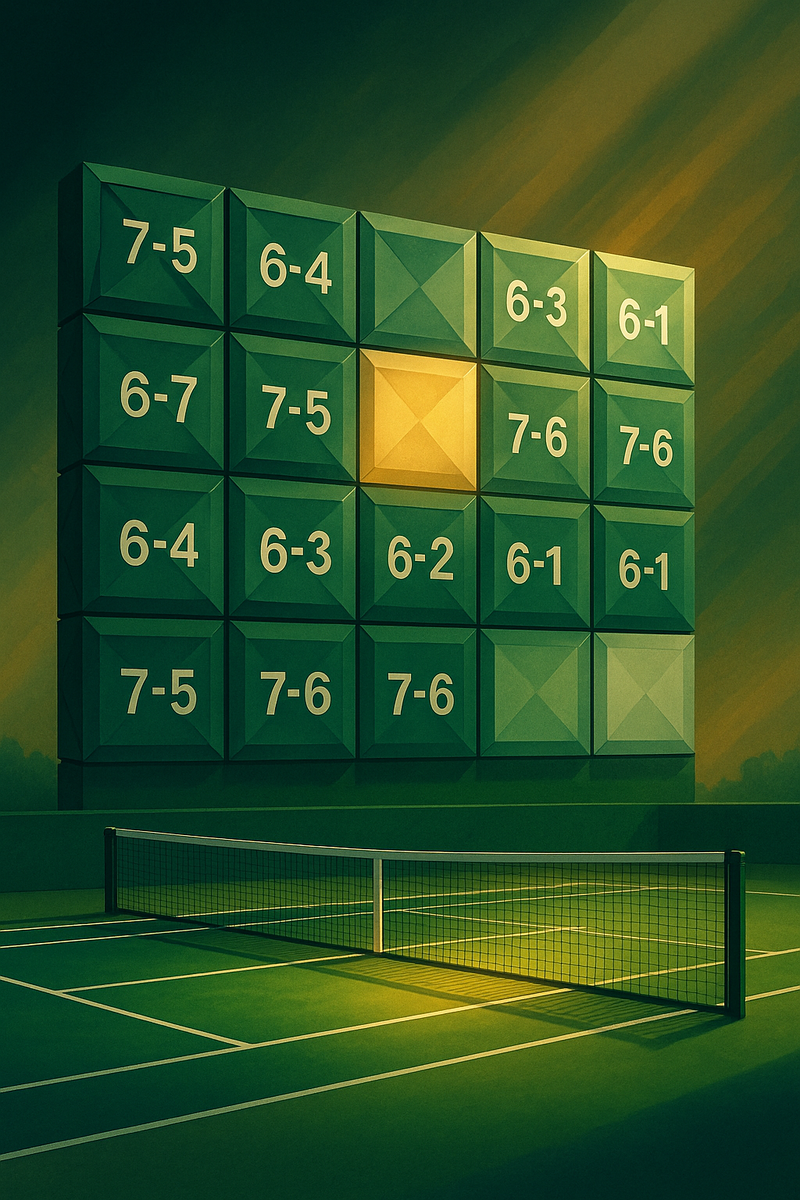 Оригами-табло с сеткой счёта подсвечивает одну «пустую» ячейку — напоминание о редких, ещё не случившихся комбинациях Tennis Scorigami.