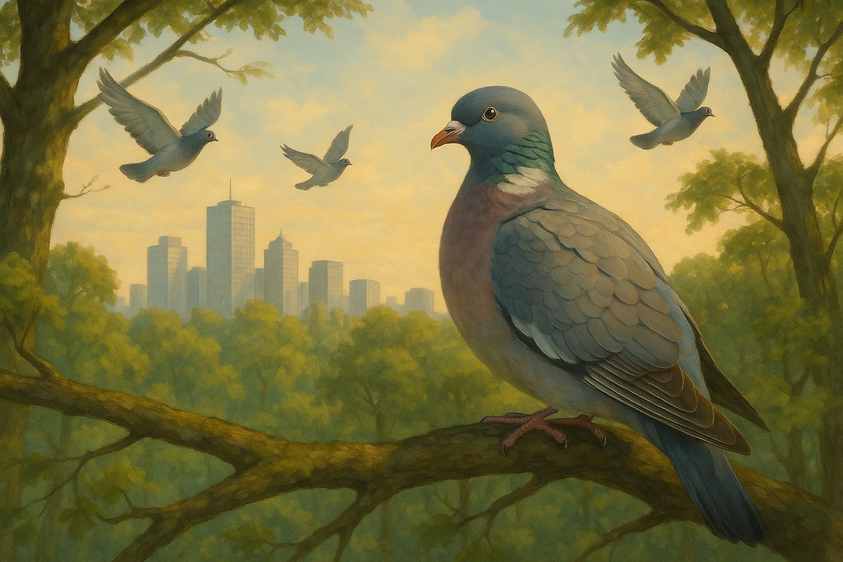 Лесной вяхирь сидит на ветке над зелёным парком, а за деревьями постепенно вырастает город — визуальный мост между дикой природой и её «городскими кузенами».