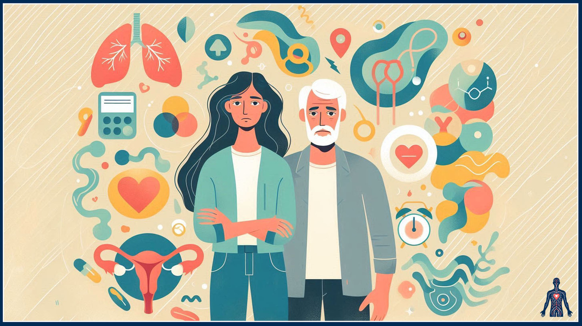 Мужчина и женщина средних лет окруженные абстрактными символами гормонов