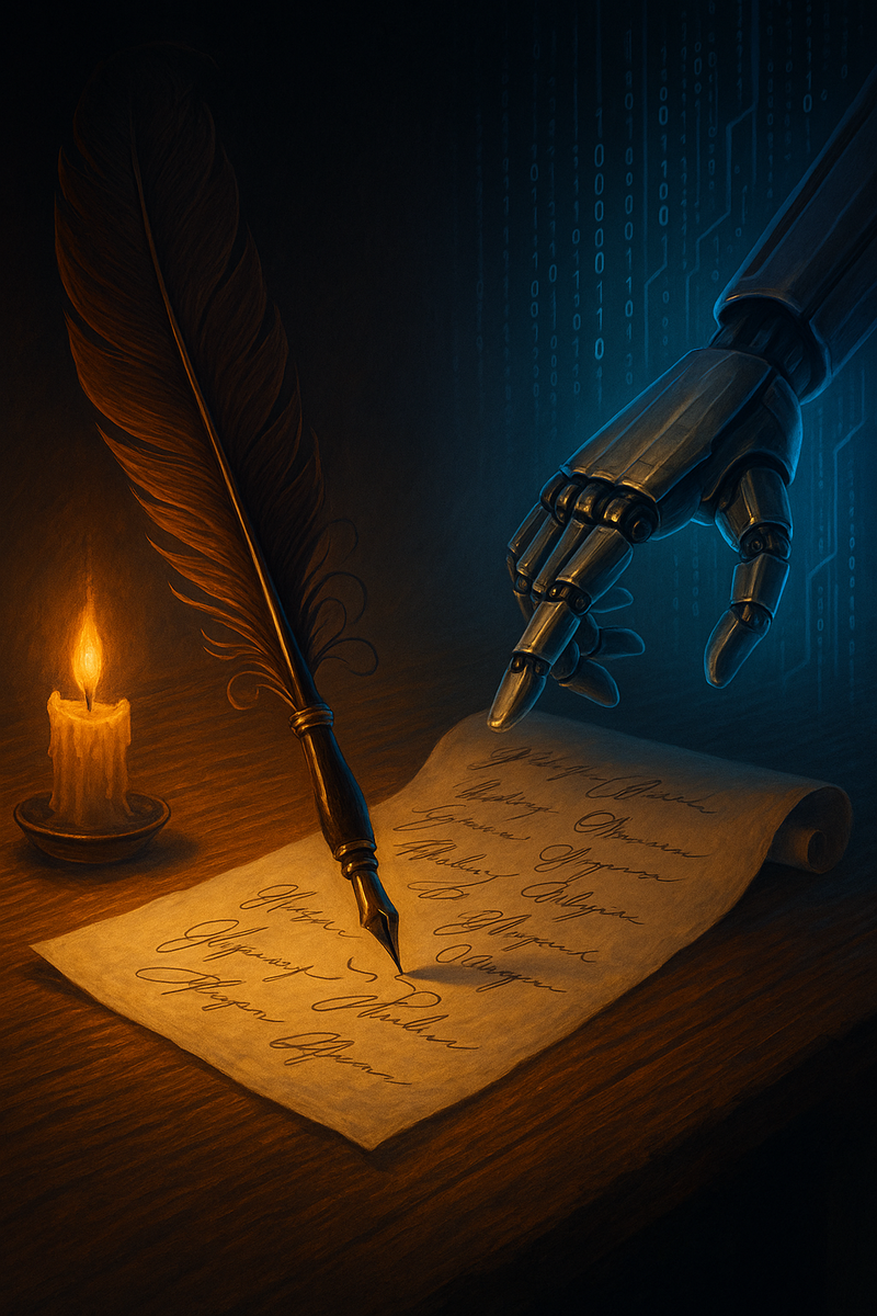 Антикварное перо подписывает свиток при тёплом свете свечи, тогда как холодная металлическая рука ИИ тянется к тому же листу — визуальный конфликт писателей и генерирующих моделей.