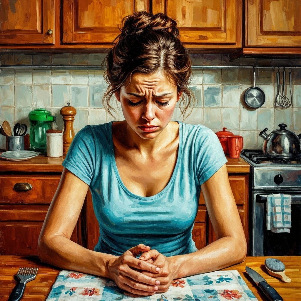 Женщина расстроенно сидит на кухне