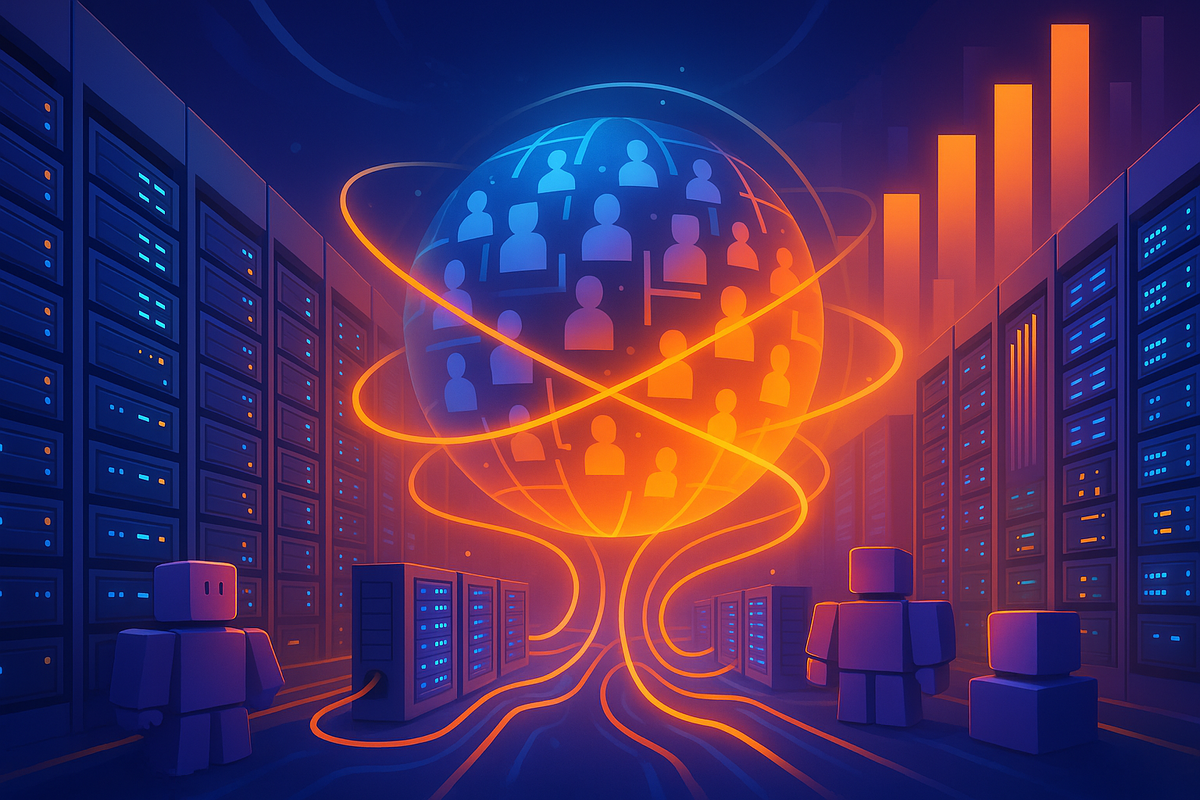 Неоновые серверы питают сферу из аватаров Roblox, вокруг которой струятся яркие потоки данных — визуализация инфраструктуры, выдерживающей рекордные 30 млн игроков онлайн.