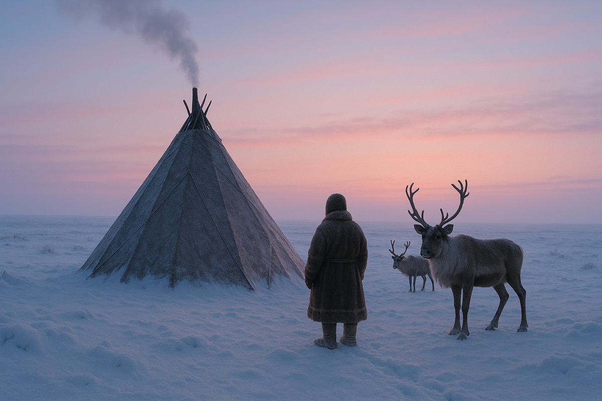 Чум на рассвете. Настоящее утро тундры.