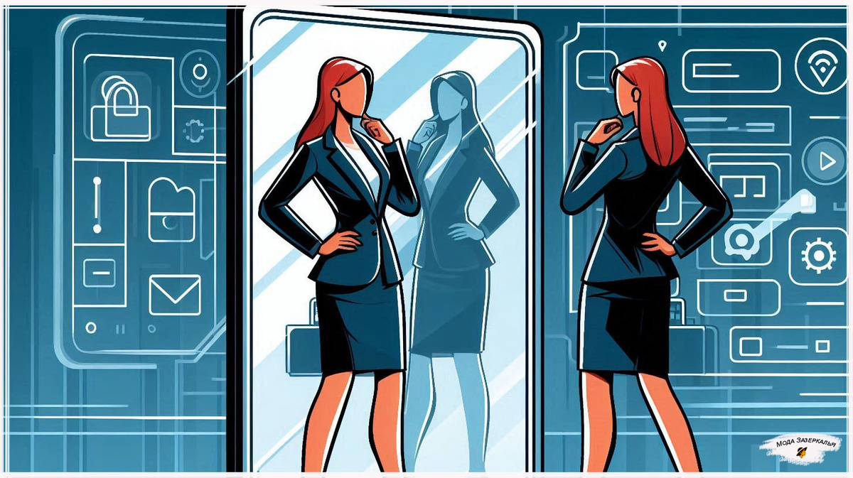 Деловая женщина 40-45 лет стоит перед большим зеркалом-экраном