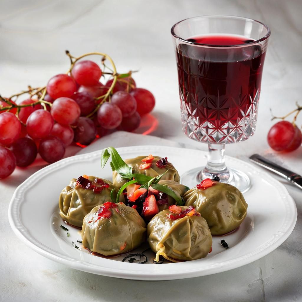 толма из виноградных листьев с мясным фаршем, в бокале свежий виноградный сок - картинка иллюстрации сделаны нейросетью ГигаЧат по описанию автора статьи