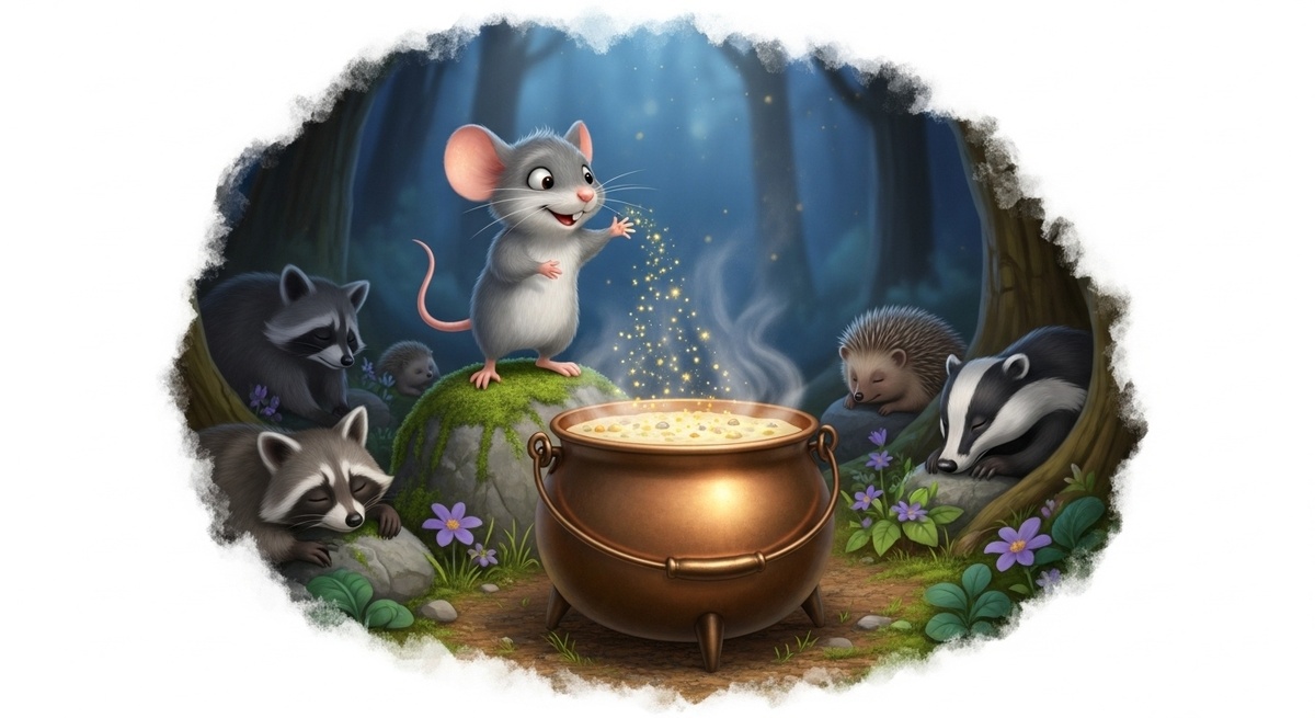 Тим подбрасывает в котёл какую-то волшебную пыльцу, звери спят, он улыбается 