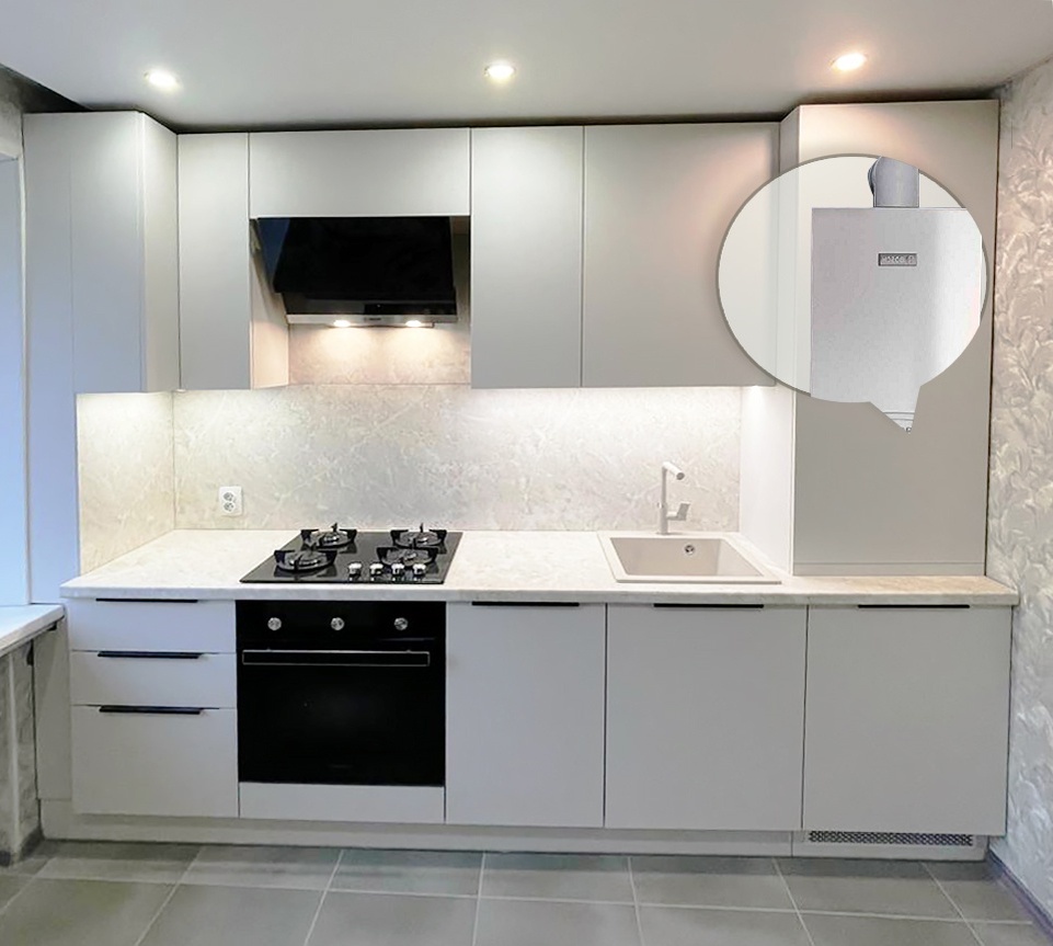 Здесь на кухне нашего клиента котел спрятали в настольный пенал.