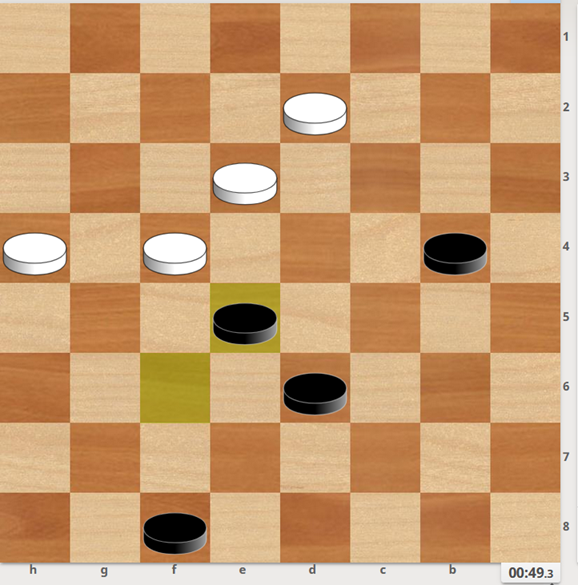 1. c3 (1.fg5 c5 2.f4 3…d4 4.de3 dc3 5.gf6 a3 6.g3 (6.f4 d2 7.e5 e1 8.e3 h4x) ab2 7…g7 8…a1x) b4xd2 2. e3xc1 e5xg3 3. h4xf2 c5 4. e3 e7 5. d2 f6 6. f4 b4 x 