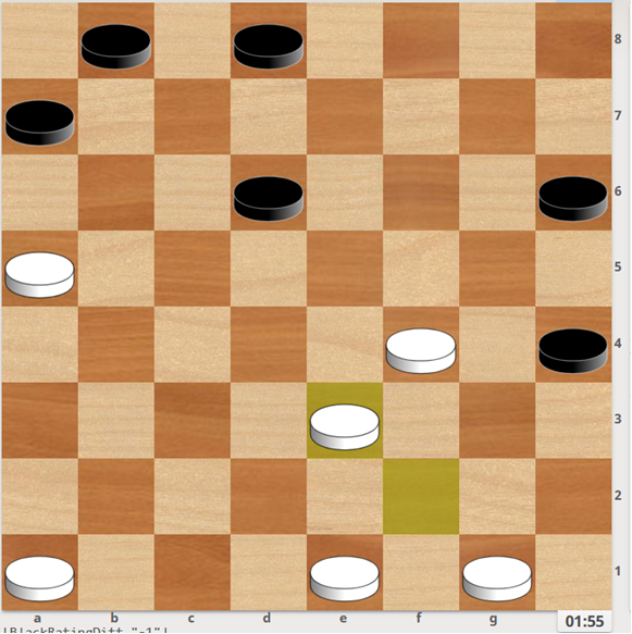 1. … e5 2… d8-c7  (2…g5 3.d4 d8-c7 4.e5 g3 5.b6 e7 6.f6 ed6 7.f2x) 3. e7 c7-b6 5. f4 e7 6. g1-f2 b6 7. b2 b6-c5 8. b2-c3 e7-f6 9. e1-d2 h6-g5 10… f6-e5 11. g7 f4 12. d2-e3 13. g7-h8 x