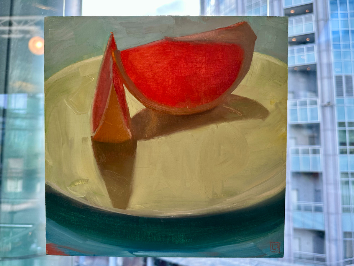 Лукас Бонони. Кровавый апельсин. Дерево, масло, 2019