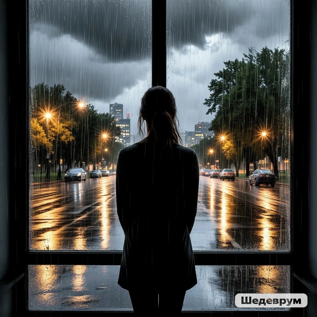 Дождь в городе. Сгенерировано нейросетью Шедеврум по запросу автора.