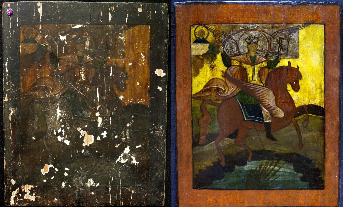 Реставрация иконы 19 века Архистратиг Михаил. Московская Иконописная Мастерская.