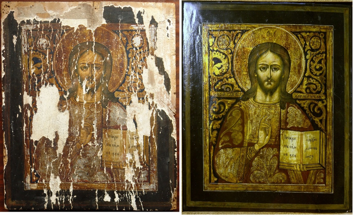  Реставрация старинной руинированной иконы второй половины 19 века Спас Вседержитель. Московская Иконописная Мастерская.