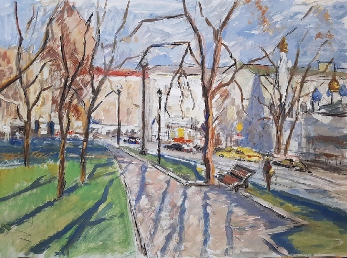 Художник Александр Русяйкин. Большая Никитская улица в Москве (гуашь, бумага)