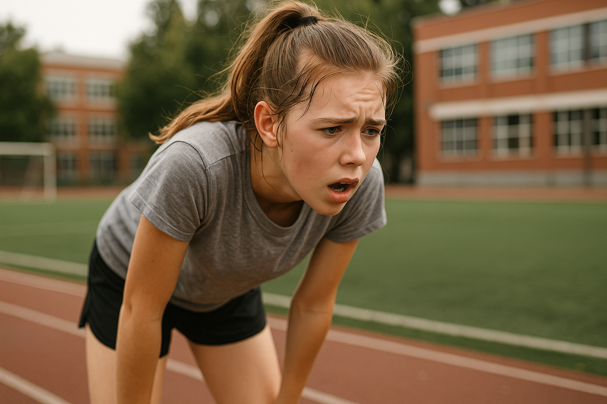 Подросток после пробежки стоит, тяжело дыша, с согнутой спиной и руками на коленях.