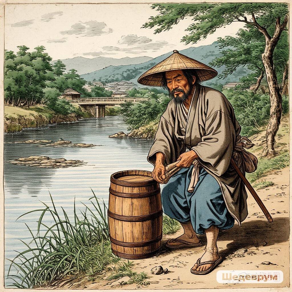 Японский крестьянин на беоегу реки. Изображение сгенерировано автором с помощью ИИ.