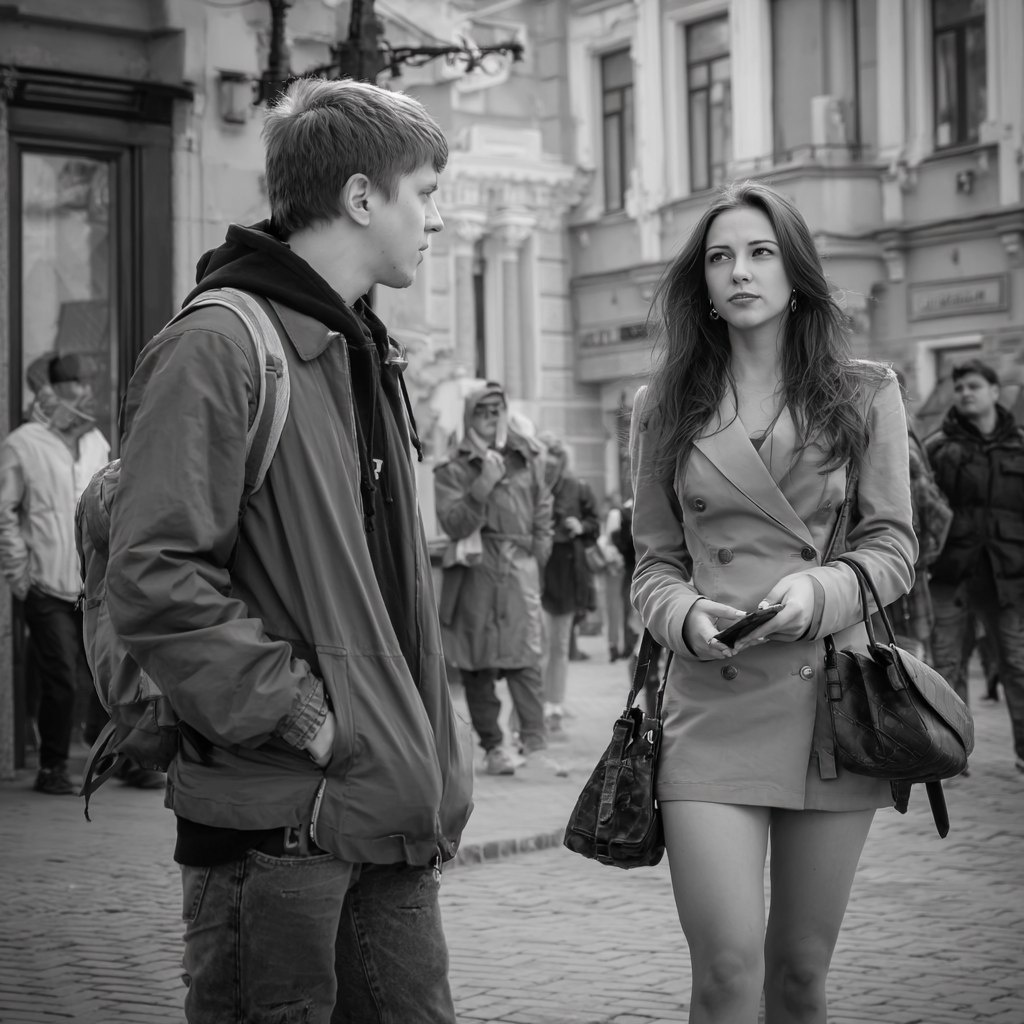 Молодой человек пытается познакомиться с девушкой на улице