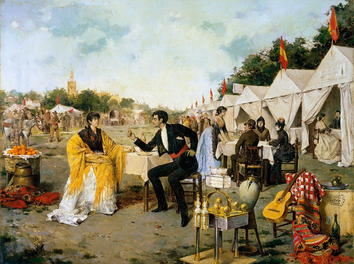 Вообще-то мы можем предположить, что у девушки был свой интерес так часто ходить на рынок! // Ежегодная ярмарка в Севилье: Рафаэль Арройо Фернандес (1860-1908). "На ярмарке". 1886. Музей Кармен Тиссен, Малага