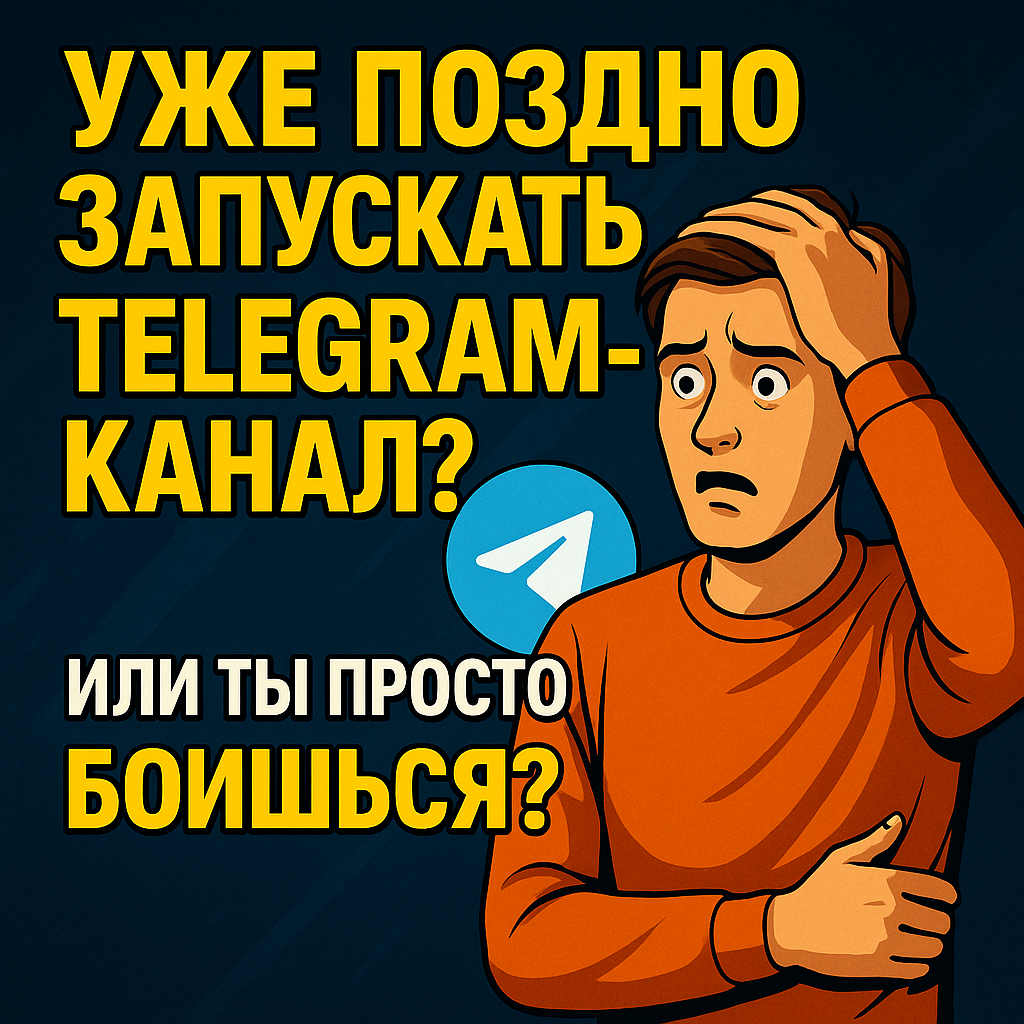 Обложка к статье о запуске Telegram-канала в 2025 году. На фоне — человек с удивлённым лицом и логотип Telegram. Заголовок: «Уже поздно запускать Telegram-канал? Или ты просто боишься?» Яркая иллюстрация в мультяшном стиле привлекает внимание и подчёркивает тему статьи.