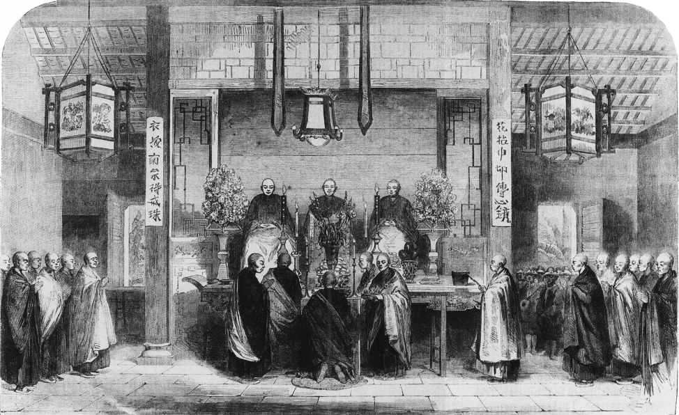 Обряд посвящения в буддийском храме. Гравюра, середина XIX века