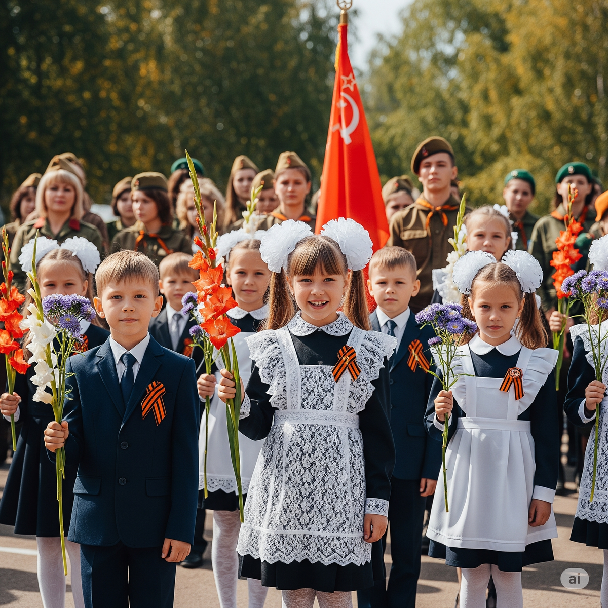 Торжественная линейка 1 сентября — начало учебного года, запах первосентябрьских букетов и школьной формы.