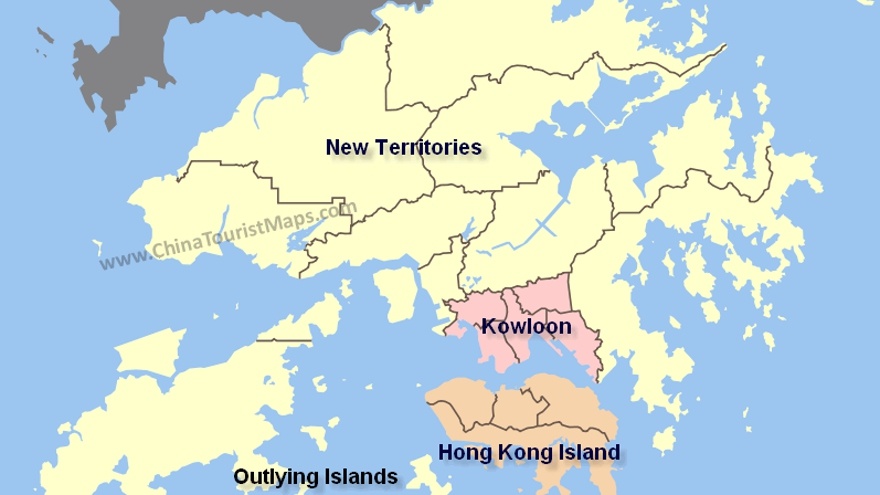 Три части британской колонии Гонконг: бежевый — остров Гонконг, его административный центр; розовый — Коулун; желтый — Новые Территории
