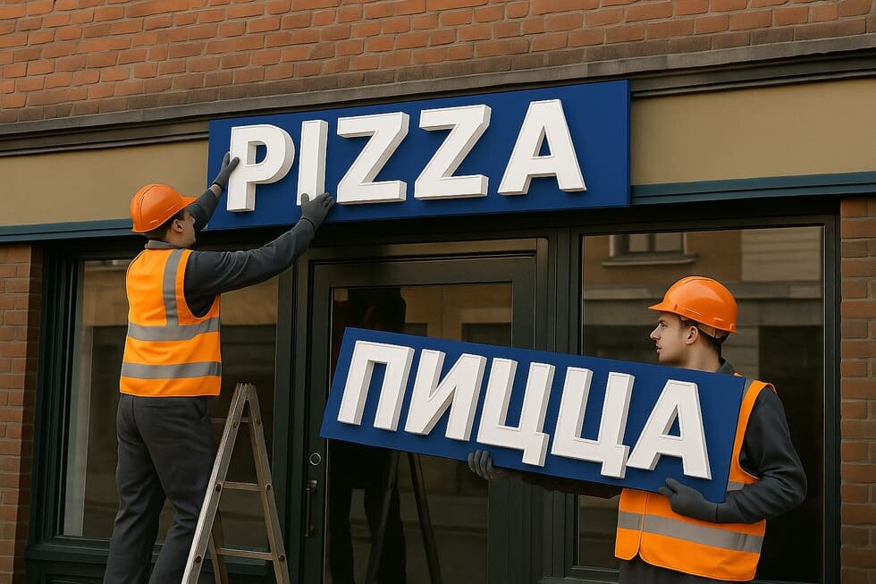 Монтажники компании Медиаград меняют вывеску на английском языке на аналогичную вывеску на русском языке.